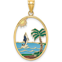 14K Yellow Gold Enamel Dolphin Jumping in Beach Scene Pendant - Polished Finish by Oro Pregiato