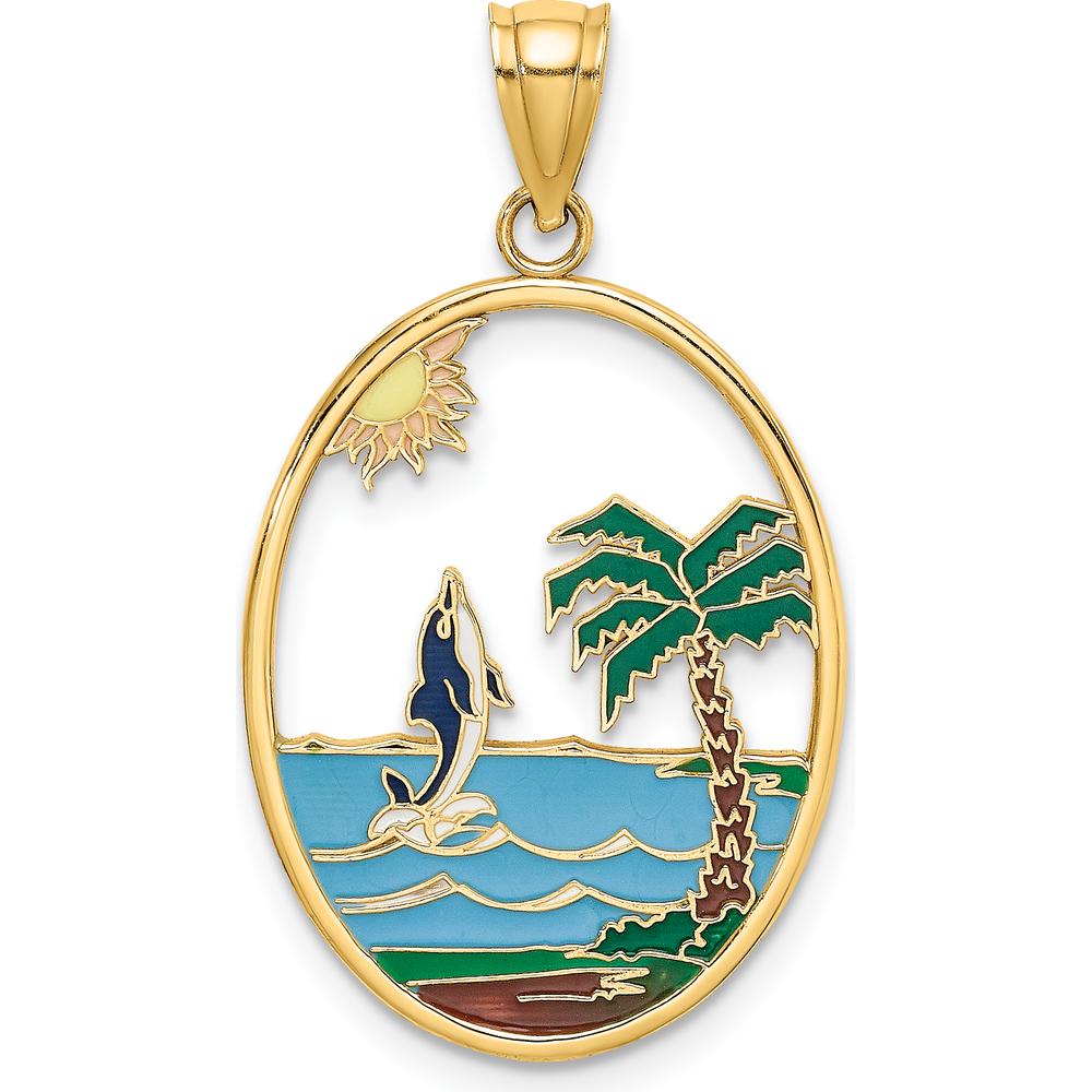 14K Yellow Gold Enamel Dolphin Jumping in Beach Scene Pendant - Polished Finish by Oro Pregiato