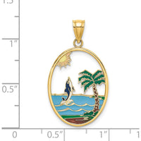 14K Yellow Gold Enamel Dolphin Jumping in Beach Scene Pendant - Polished Finish by Oro Pregiato