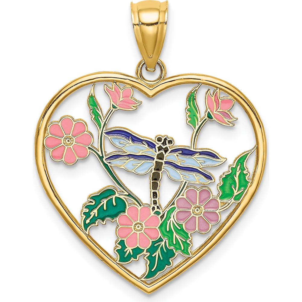 14K Yellow Gold Enamel Dragonfly and Floral Heart Pendant - Vibrant Multi-Colored Accents by Oro Pregiato