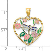 14K Yellow Gold Enamel Dragonfly and Floral Heart Pendant - Vibrant Multi-Colored Accents by Oro Pregiato