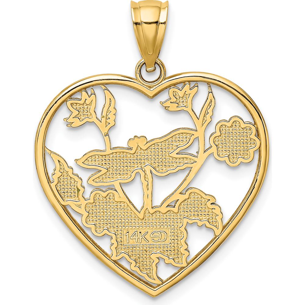 14K Yellow Gold Enamel Dragonfly and Floral Heart Pendant - Vibrant Multi-Colored Accents by Oro Pregiato