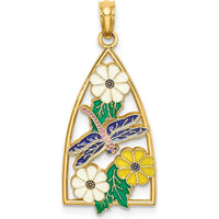 14K Yellow Gold Enamel Dragonfly and Flowers Triangle Pendant with Multi-Color Enamel Accents by Oro Pregiato