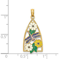 14K Yellow Gold Enamel Dragonfly and Flowers Triangle Pendant with Multi-Color Enamel Accents by Oro Pregiato