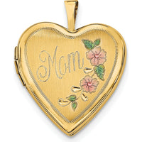 14K Yellow Gold Enamel Floral Heart Locket Pendant with Engravable "Mom" Script by Monteluci Fine Jewelry