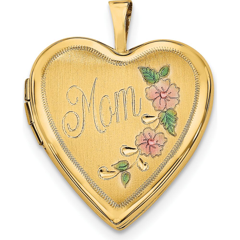 14K Yellow Gold Enamel Floral Heart Locket Pendant with Engravable "Mom" Script by Monteluci Fine Jewelry
