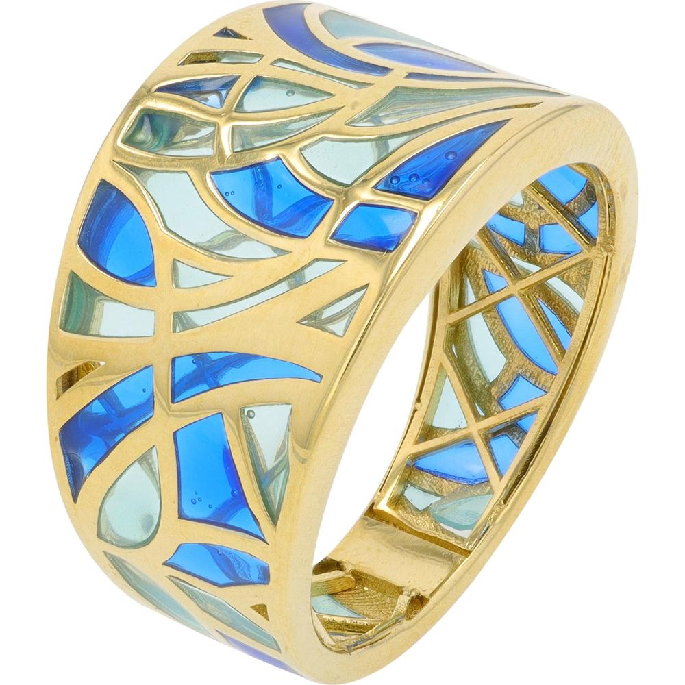 14K Yellow Gold Enamel Geometric Ring with Vibrant Blue and Green Accents