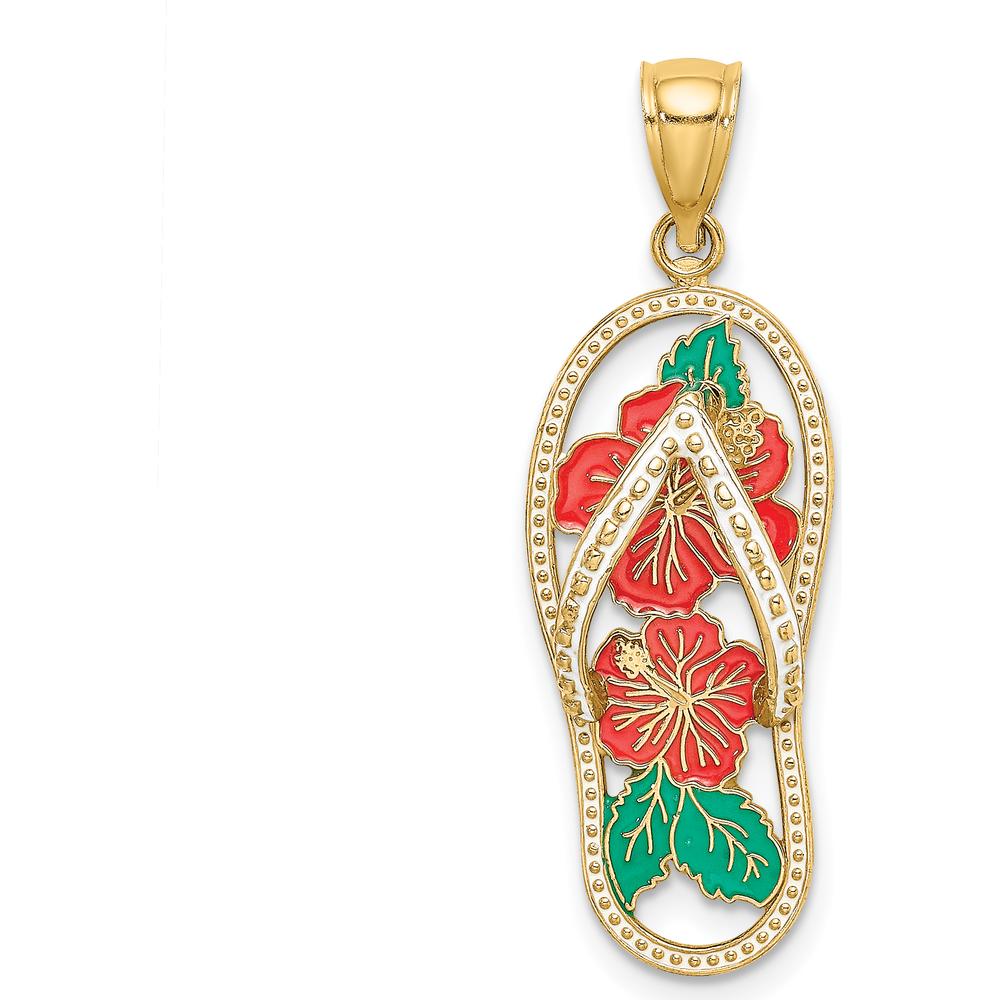 14K Yellow Gold Enamel Hibiscus Flower Flip-Flop Charm - Vibrant Red & Green Design by Oro Pregiato
