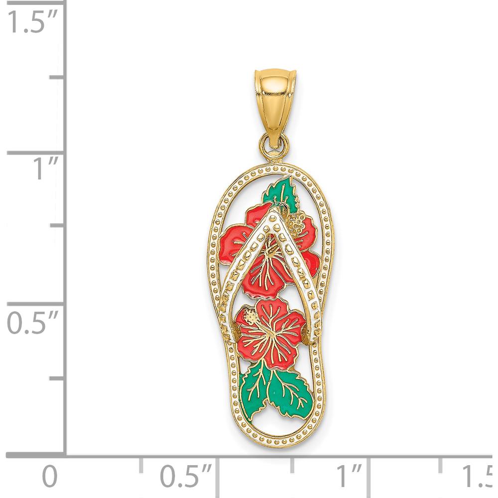 14K Yellow Gold Enamel Hibiscus Flower Flip-Flop Charm - Vibrant Red & Green Design by Oro Pregiato