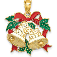 14K Yellow Gold Enamel Holiday Bells and Holly Charm - Festive Christmas Design by Oro Pregiato