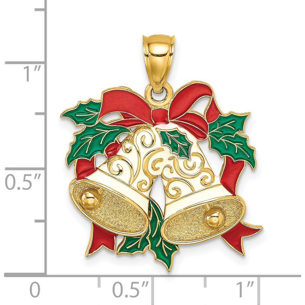14K Yellow Gold Enamel Holiday Bells and Holly Charm - Festive Christmas Design by Oro Pregiato