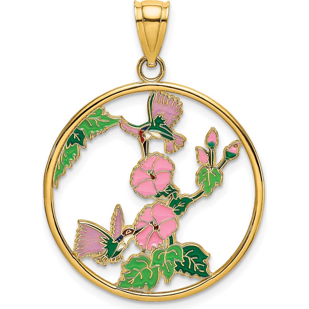 14K Yellow Gold Enamel Hummingbird and Floral Charm Pendant - Nature-Inspired Design by Oro Pregiato