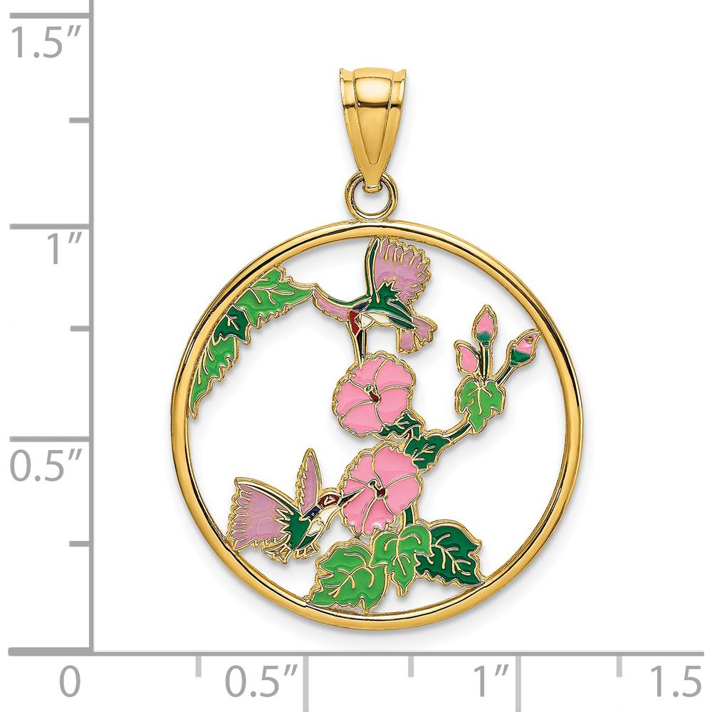 14K Yellow Gold Enamel Hummingbird and Floral Charm Pendant - Nature-Inspired Design by Oro Pregiato