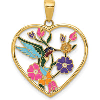 14K Yellow Gold Enamel Hummingbird and Flower Heart Pendant by Oro Pregiato