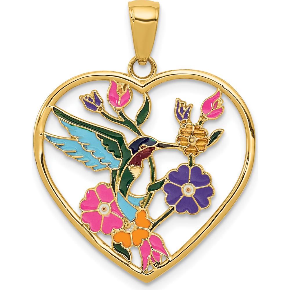 14K Yellow Gold Enamel Hummingbird and Flower Heart Pendant by Oro Pregiato