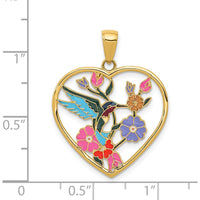 14K Yellow Gold Enamel Hummingbird and Flower Heart Pendant by Oro Pregiato
