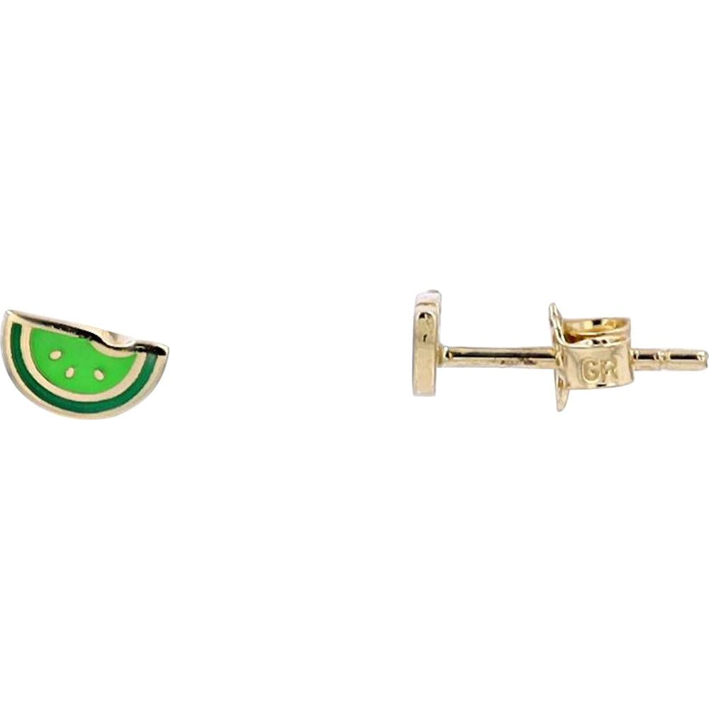 14K Yellow Gold Enamel Kiwi Slice Stud Earrings - Fun and Playful Design