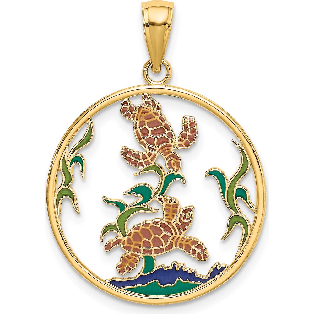 14K Yellow Gold Enamel Sea Turtles in Circle Charm with Multi-Colored Accents by Oro Pregiato