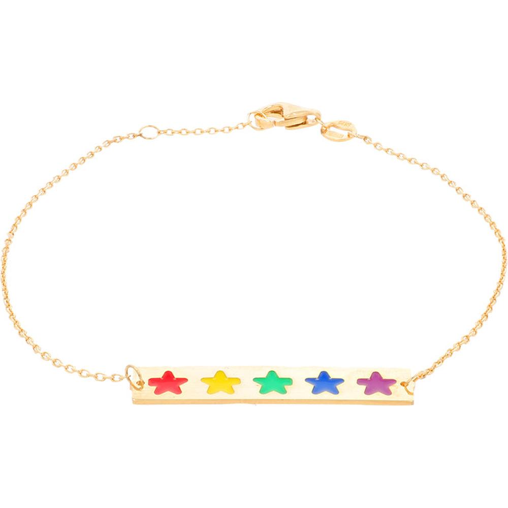 14K Yellow Gold Enamel Star Bar Bracelet with Five Vibrant Enamel Stars