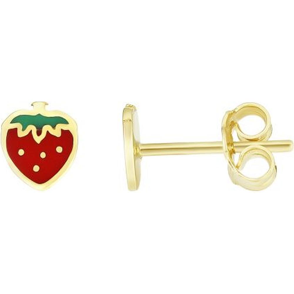14K Yellow Gold Enamel Strawberry Stud Earrings with Red and Green Enamel Finish by Orozza Fine Jewelry