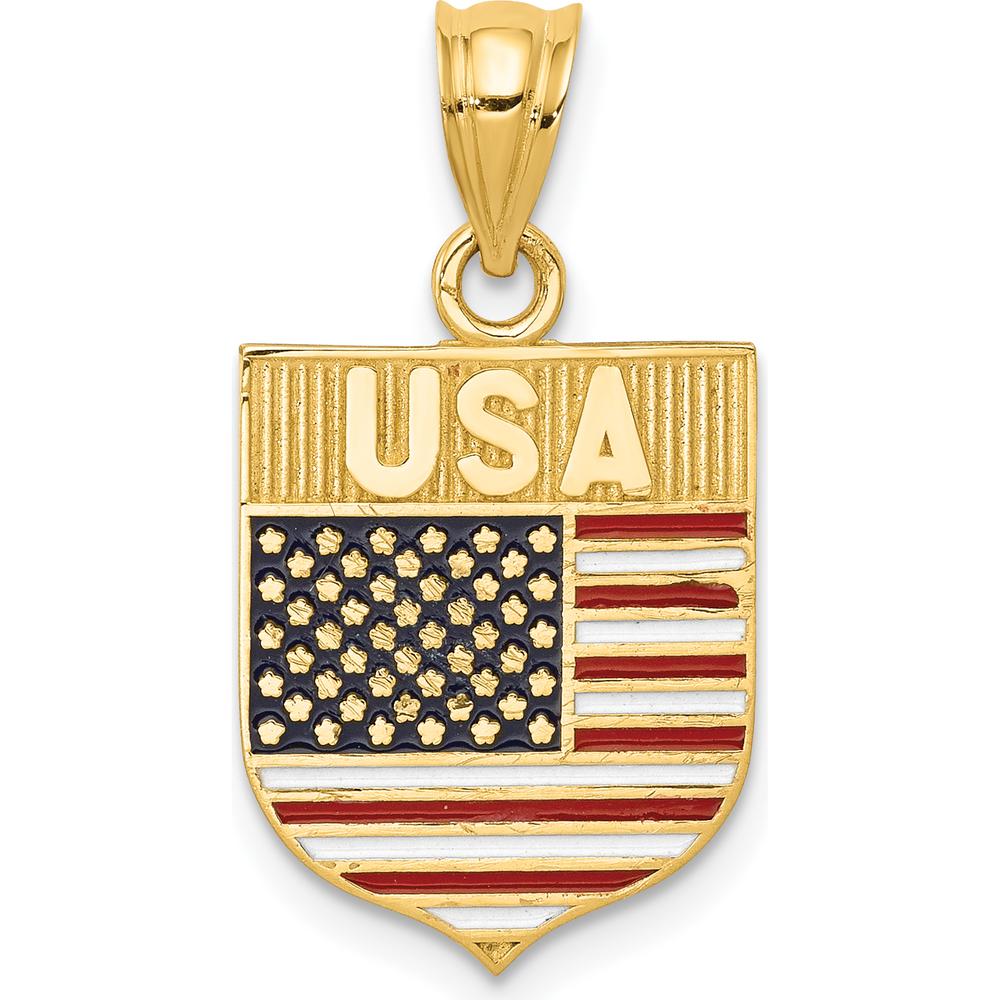 14K Yellow Gold Enamel USA Flag Shield Pendant - Polished Finish by Oro Pregiato