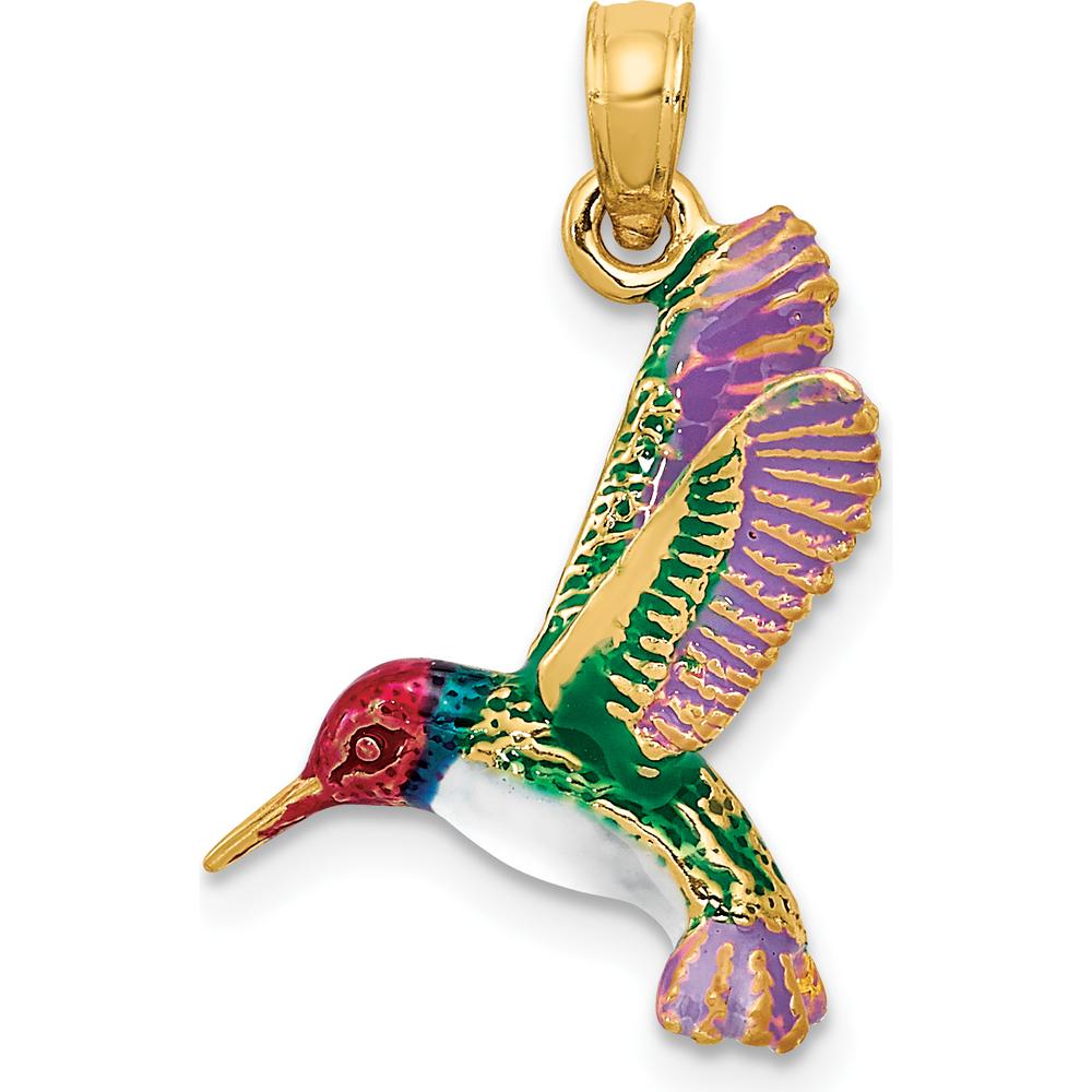 14K Yellow Gold Enameled 3D Hummingbird Pendant with Multi-Colored Enamel by Oro Pregiato