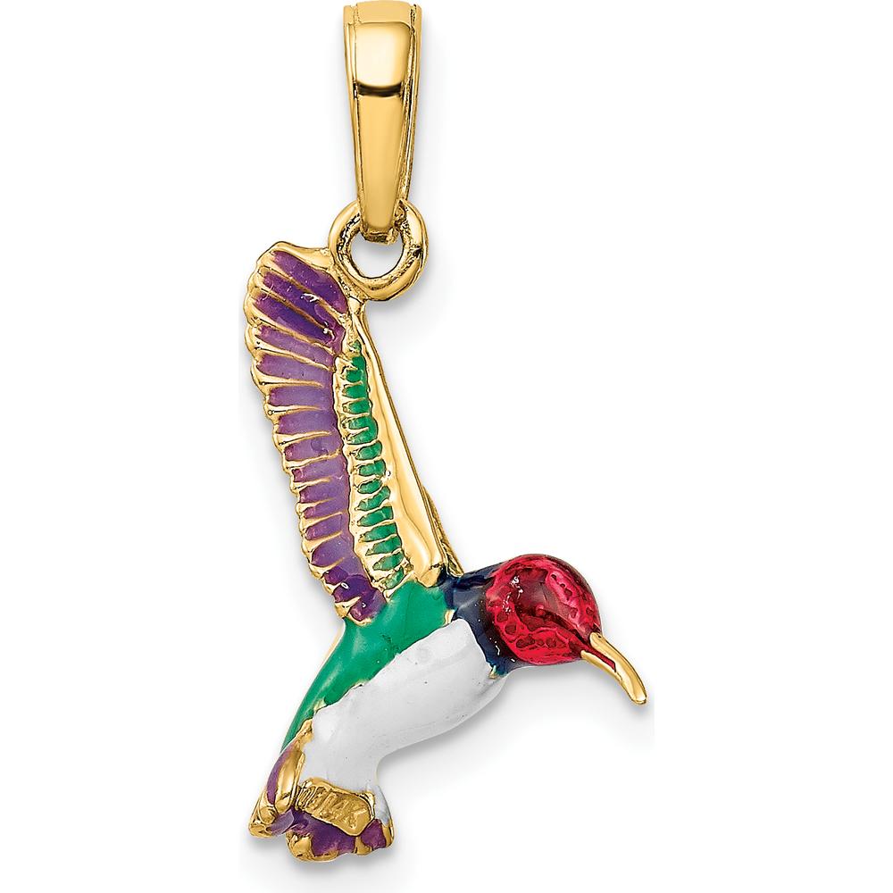 14K Yellow Gold Enameled 3D Hummingbird Pendant with Multi-Colored Enamel by Oro Pregiato