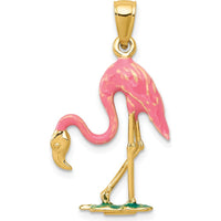 14K Yellow Gold Enameled 3D Pink Flamingo Pendant with Green Accent by Oro Pregiato