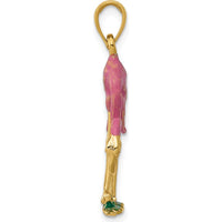 14K Yellow Gold Enameled 3D Pink Flamingo Pendant with Green Accent by Oro Pregiato