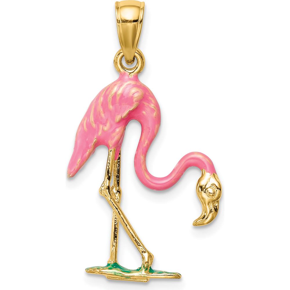14K Yellow Gold Enameled 3D Pink Flamingo Pendant with Green Accent by Oro Pregiato