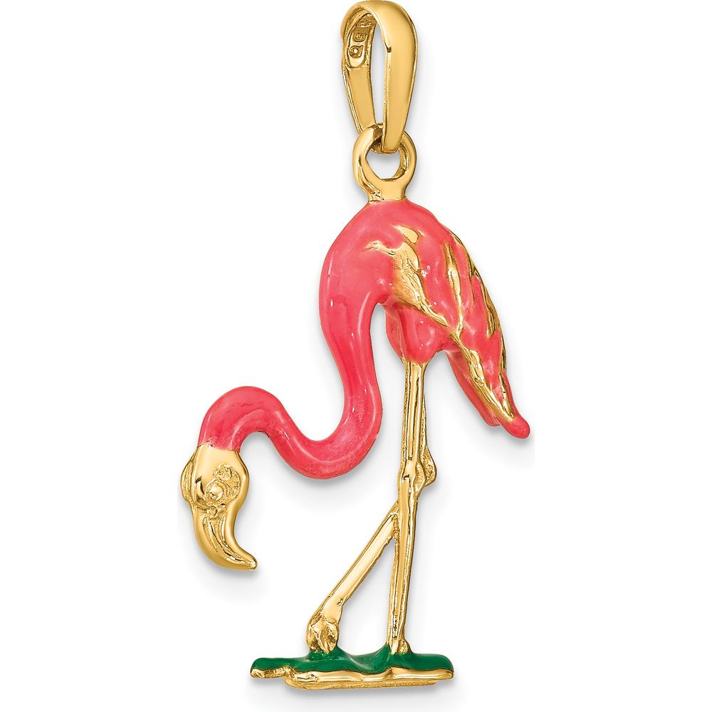 14K Yellow Gold Enameled 3D Pink Flamingo Pendant with Green Accent by Oro Pregiato
