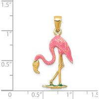 14K Yellow Gold Enameled 3D Pink Flamingo Pendant with Green Accent by Oro Pregiato