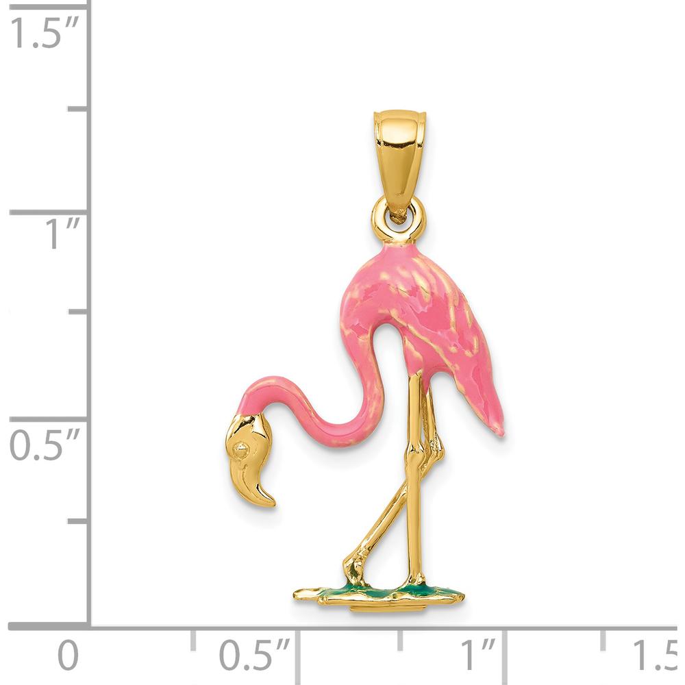 14K Yellow Gold Enameled 3D Pink Flamingo Pendant with Green Accent by Oro Pregiato