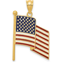 14K Yellow Gold Enameled American Flag Pendant with Red, White, and Blue Enamel - 32mm Length by Oro Pregiato