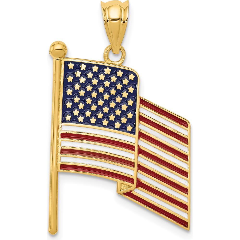 14K Yellow Gold Enameled American Flag Pendant with Red, White, and Blue Enamel - 32mm Length by Oro Pregiato