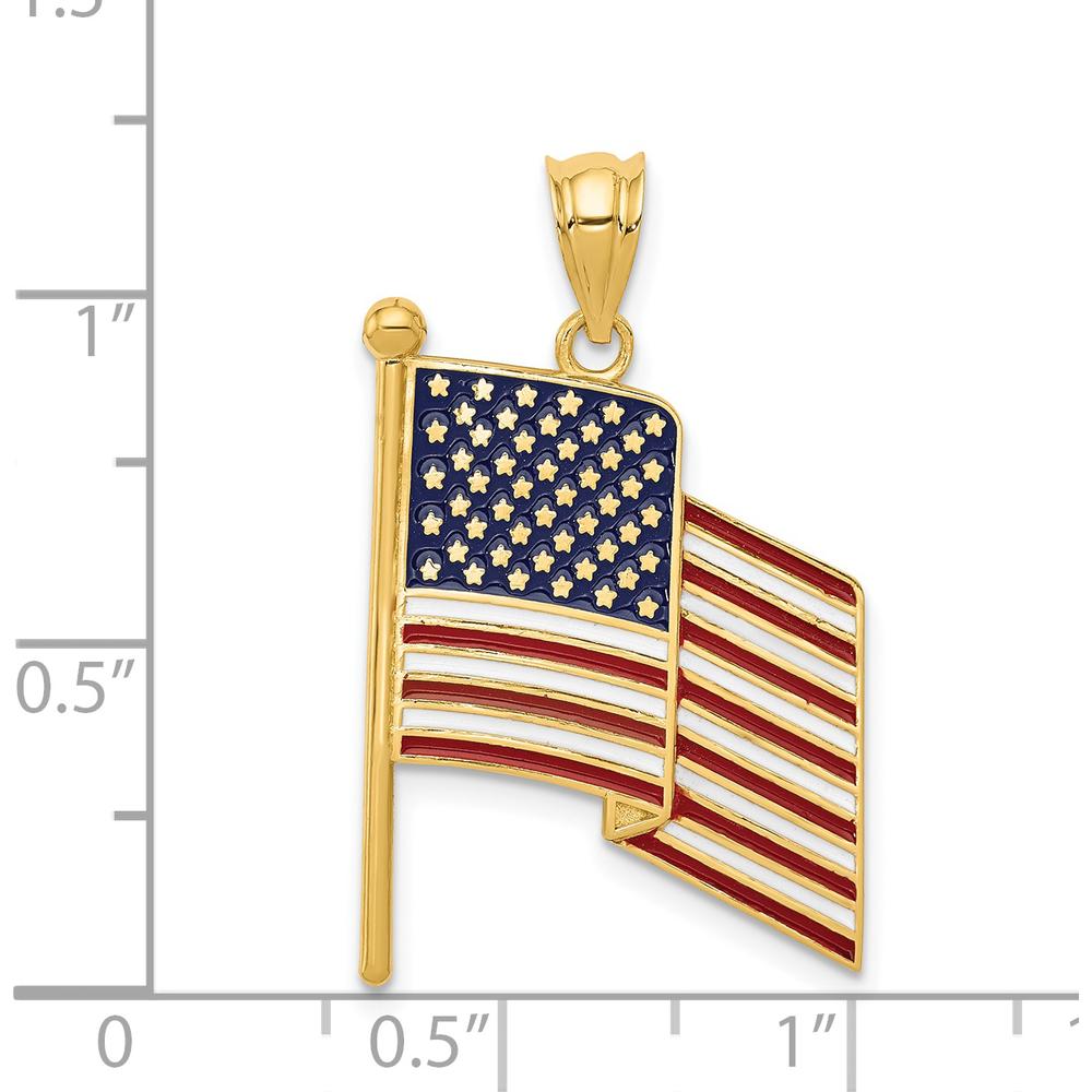 14K Yellow Gold Enameled American Flag Pendant with Red, White, and Blue Enamel - 32mm Length by Oro Pregiato