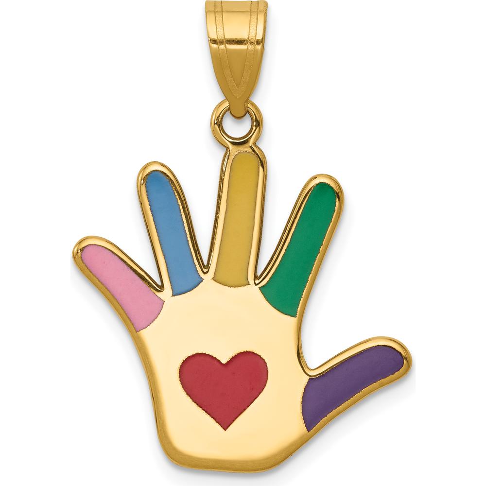 14K Yellow Gold Enameled Autism Handprint Pendant with Heart by Oro Pregiato