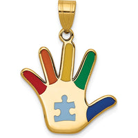 14K Yellow Gold Enameled Autism Puzzle Piece Handprint Pendant with Vibrant Multi-Colored Enamel Accents by Oro Pregiato
