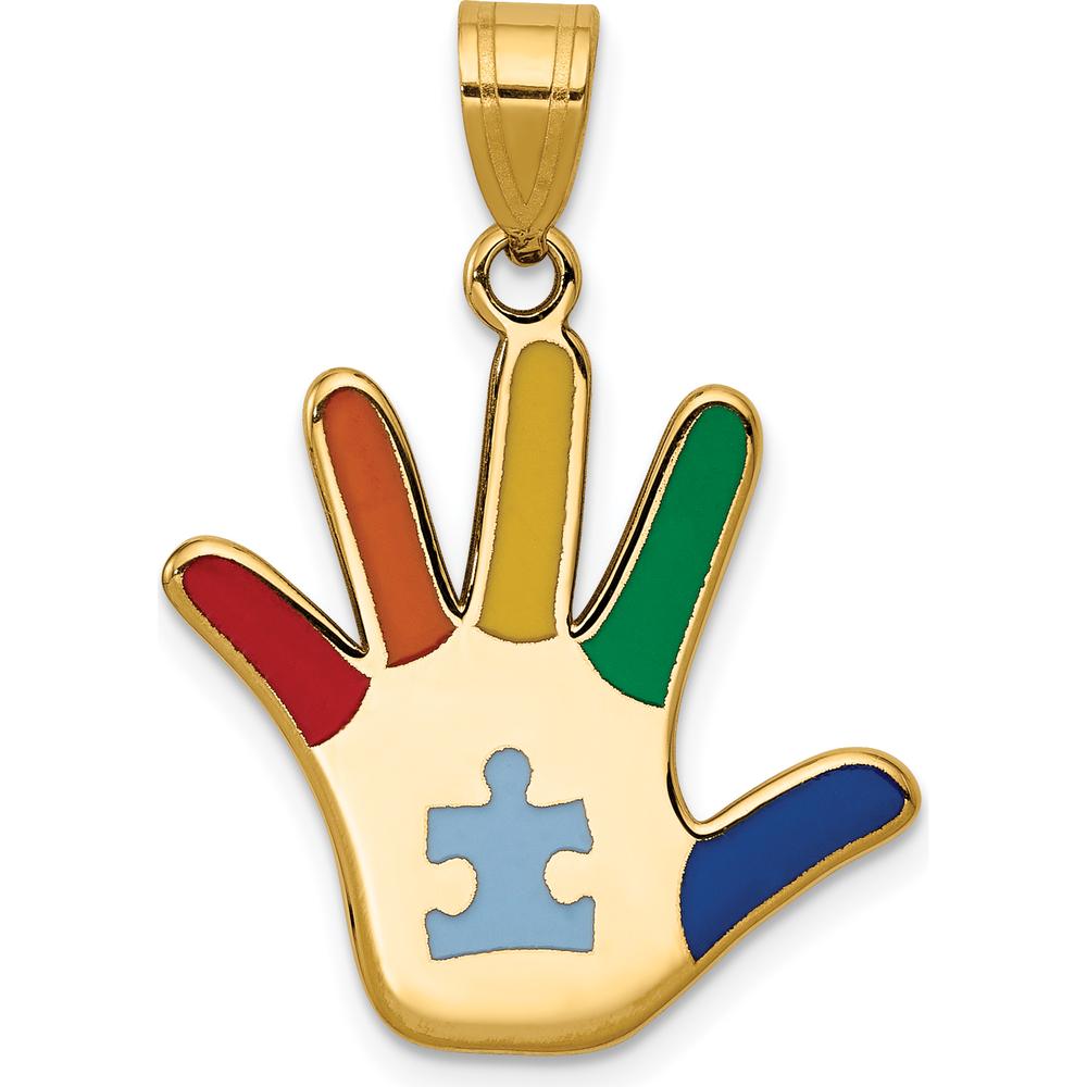 14K Yellow Gold Enameled Autism Puzzle Piece Handprint Pendant with Vibrant Multi-Colored Enamel Accents by Oro Pregiato