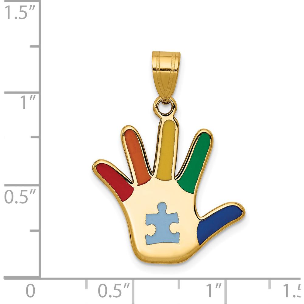 14K Yellow Gold Enameled Autism Puzzle Piece Handprint Pendant with Vibrant Multi-Colored Enamel Accents by Oro Pregiato