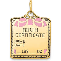 14K Yellow Gold Enameled Birth Certificate Charm with Pink Enamel Accents