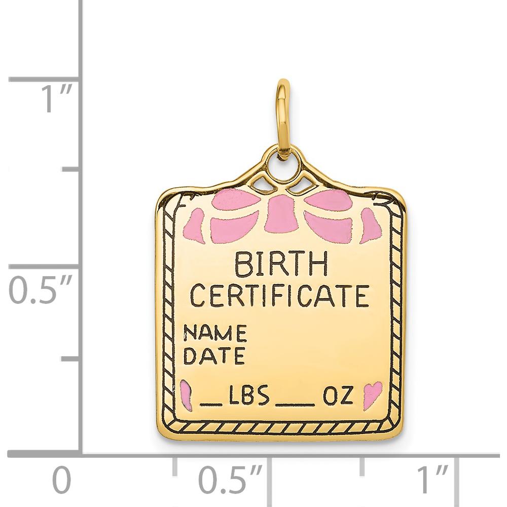14K Yellow Gold Enameled Birth Certificate Charm with Pink Enamel Accents