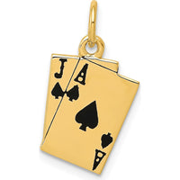 14K Yellow Gold Enameled Blackjack Playing Cards Charm - Polished Gold with Black Accents
