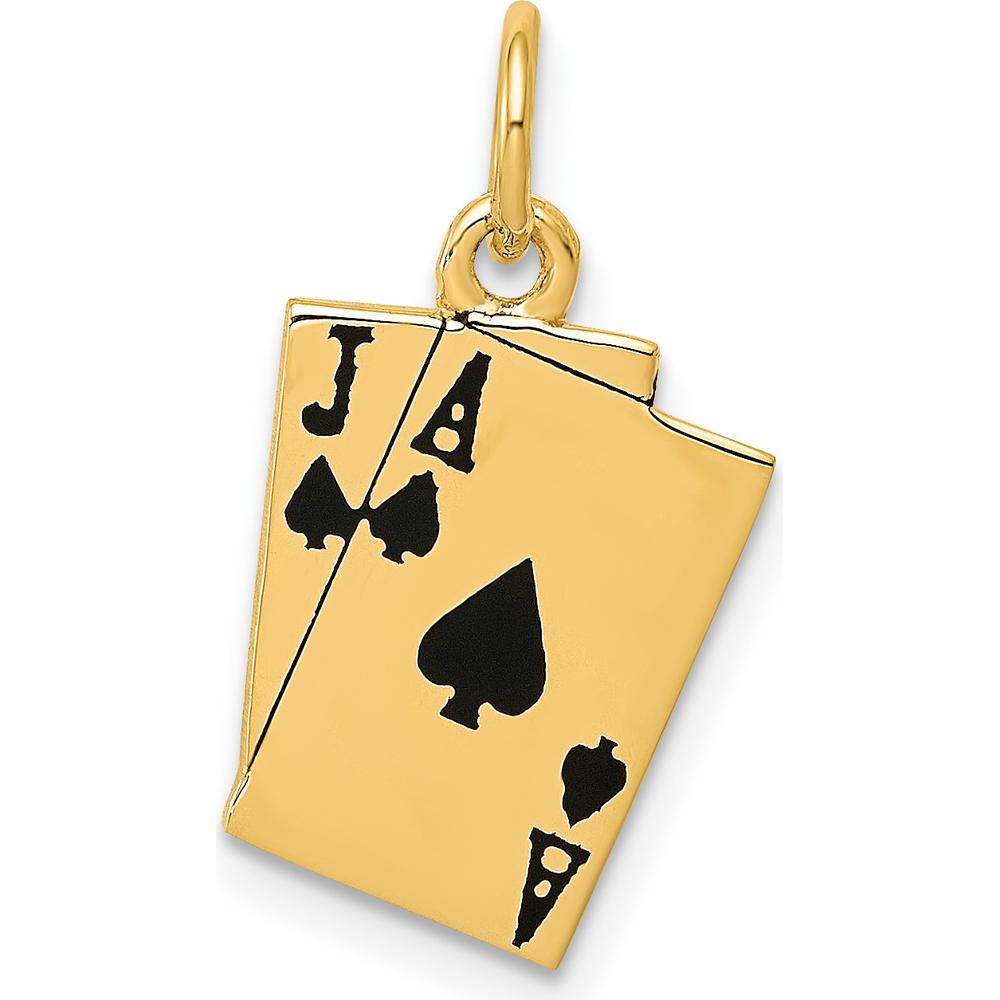 14K Yellow Gold Enameled Blackjack Playing Cards Charm - Polished Gold with Black Accents