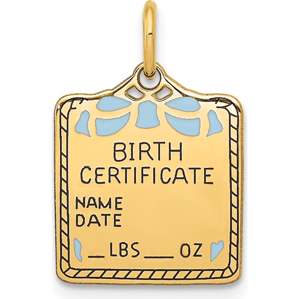 14K Yellow Gold Enameled Blue Engravable Birth Certificate Charm - 20mm