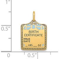 14K Yellow Gold Enameled Blue Engravable Birth Certificate Charm - 20mm