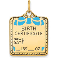 14K Yellow Gold Enameled Blue Engravable Birth Certificate Charm - 25mm x 18mm