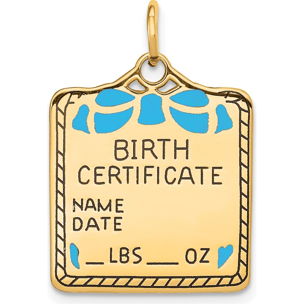 14K Yellow Gold Enameled Blue Engravable Birth Certificate Charm - 25mm x 18mm