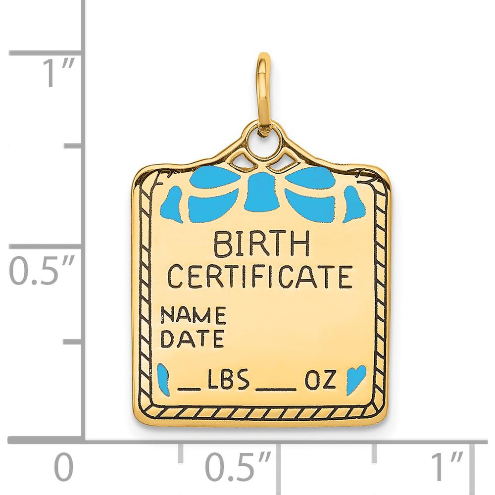 14K Yellow Gold Enameled Blue Engravable Birth Certificate Charm - 25mm x 18mm
