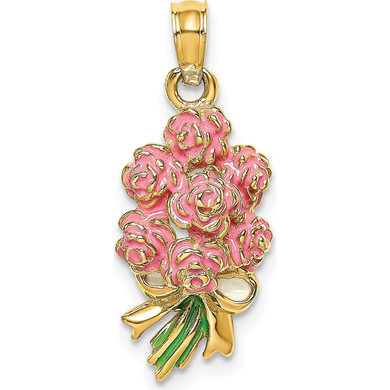 14K Yellow Gold Enameled Bouquet of Pink Roses Pendant - Handcrafted Charm by Oro Pregiato